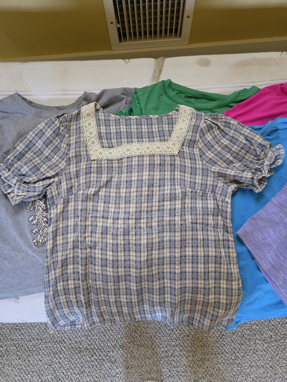 Square-Neck Plaid Blouse with Crochet Trim - Blue & Cream